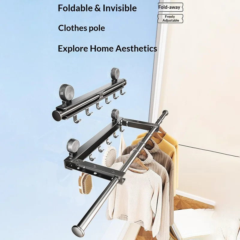 Retractable Clothes Drying Pole with 6 Hooks No-Drill Foldable Suction Cup Rack for Balcony Bathroom - Black