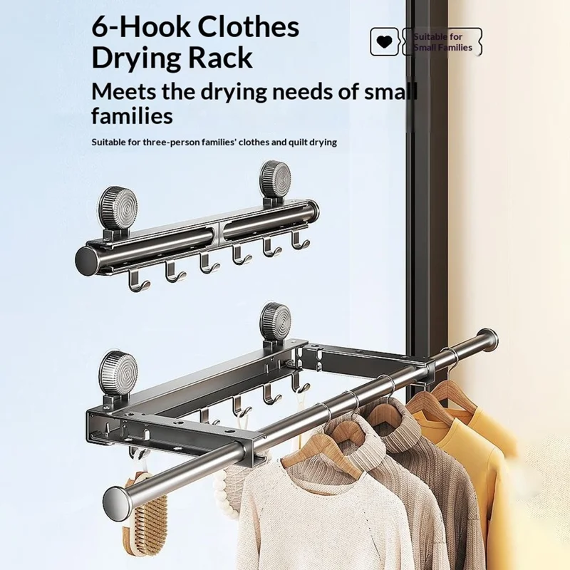 Retractable Clothes Drying Pole with 6 Hooks No-Drill Foldable Suction Cup Rack for Balcony Bathroom - Black