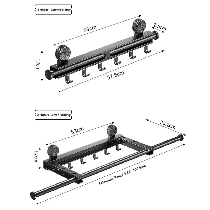 Retractable Clothes Drying Pole with 6 Hooks No-Drill Foldable Suction Cup Rack for Balcony Bathroom - Black