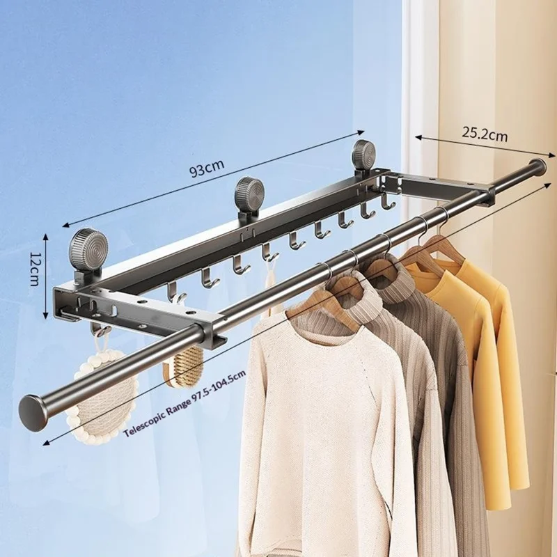 Retractable Clothes Drying Pole with 11 Hooks No-Drill Foldable Suction Cup Rack for Balcony Bathroom - Grey