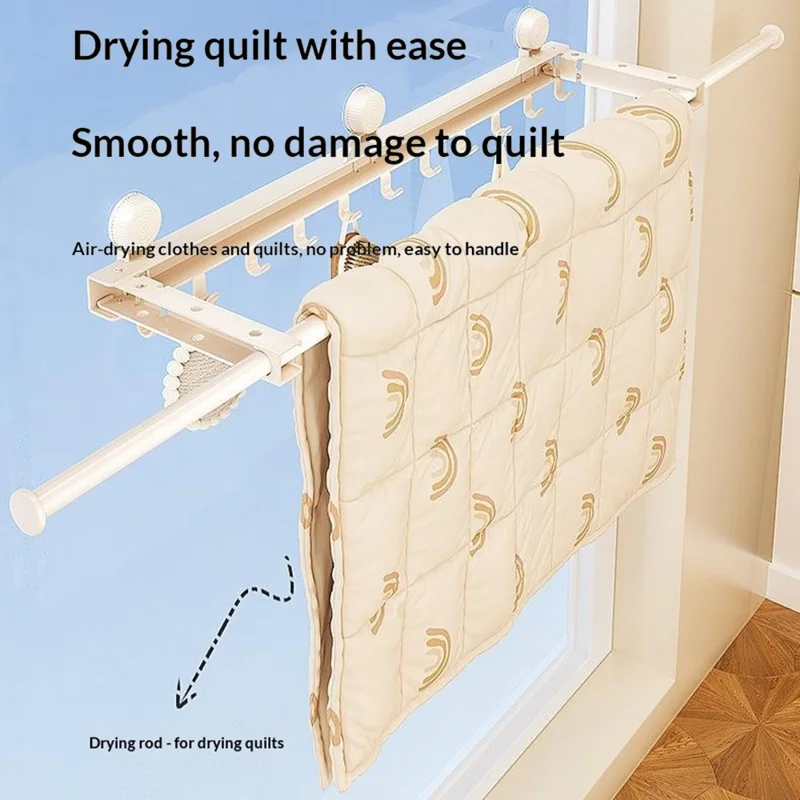 Retractable Clothes Drying Pole with 11 Hooks No-Drill Foldable Suction Cup Rack for Balcony Bathroom - Grey