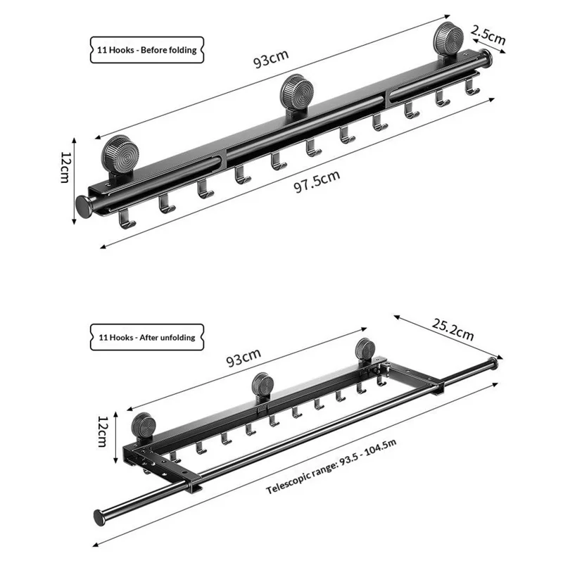 Retractable Clothes Drying Pole with 11 Hooks No-Drill Foldable Suction Cup Rack for Balcony Bathroom - Grey