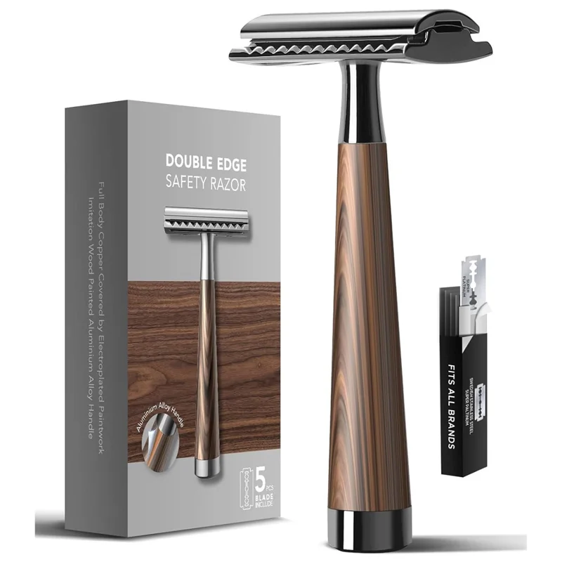 DSR025 Double Edge Manual Razor Hair Remover Reusable Safety Razor with 5 Blade for Men Women Sensitive Skin Smooth Shaving - Wood Grain