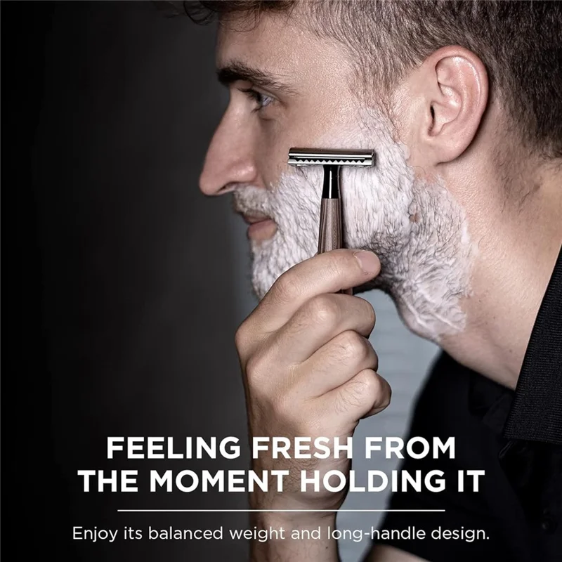 DSR025 Double Edge Manual Razor Hair Remover Reusable Safety Razor with 5 Blade for Men Women Sensitive Skin Smooth Shaving - Wood Grain