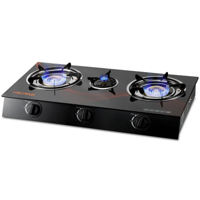 AKANE A.8052 Tempered Glass Desktop Gas Stove 3 Burners Kitchen Cooktop with Independent Adjustment Knobs
