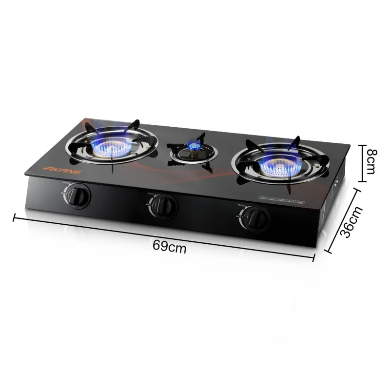 AKANE A.8052 Tempered Glass Desktop Gas Stove 3 Burners Kitchen Cooktop with Independent Adjustment Knobs