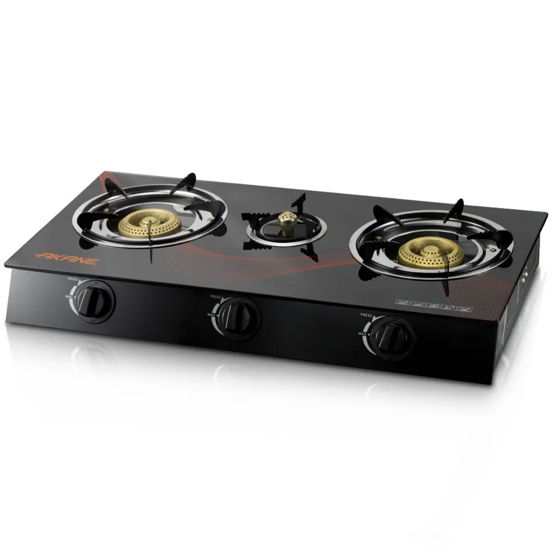 AKANE A.8052 Tempered Glass Desktop Gas Stove 3 Burners Kitchen Cooktop with Independent Adjustment Knobs