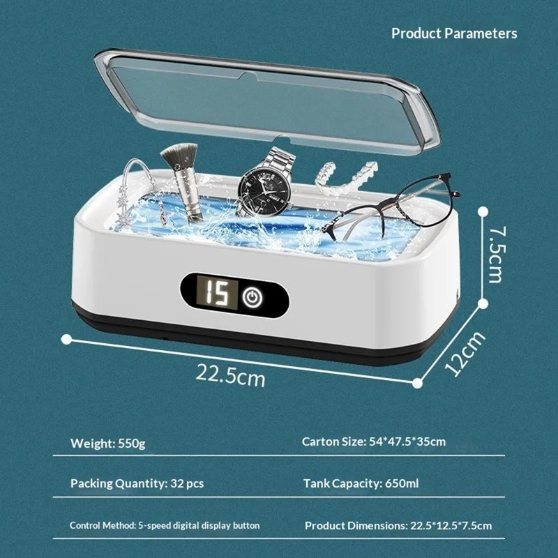 X82 650ml Large Capacity Ultrasonic Cleaner 5-Speed Modes Eyeglass Jewelry Cleaner with LED Digital Display, EU Plug
