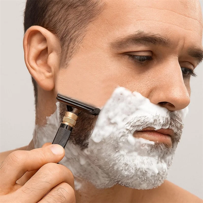 8-Speed Manual Adjustable Razor Double-Sided Safety Old-Fashioned Shaver with 10 Replacement Blades - Glossy Black