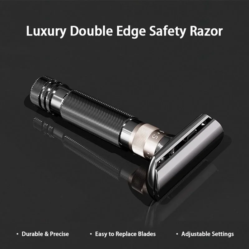 8-Speed Manual Adjustable Razor Double-Sided Safety Old-Fashioned Shaver with 10 Replacement Blades - Glossy Black