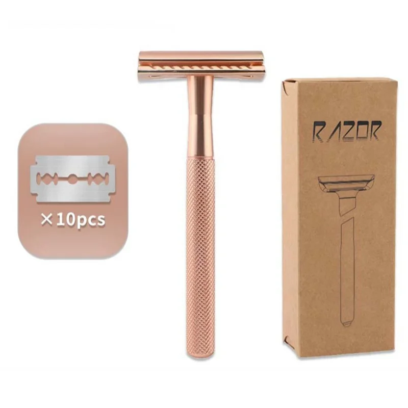 Razor Manual Vintage Masculino com Cabo Ergonómico em Metal Dupla Face com 10 Lâminas de Reposição - Dourado Rosa