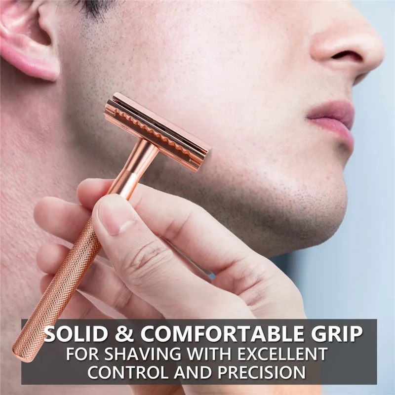 Razor Manual Vintage Masculino com Cabo Ergonómico em Metal Dupla Face com 10 Lâminas de Reposição - Dourado Rosa