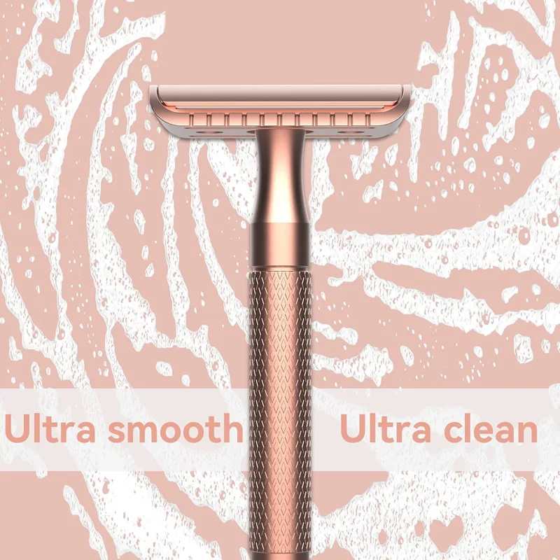 Razor Manual Vintage Masculino com Cabo Ergonómico em Metal Dupla Face com 10 Lâminas de Reposição - Dourado Rosa