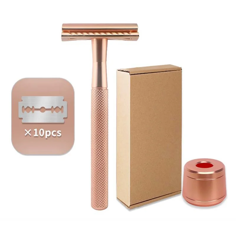 Rasoir manuel vintage pour homme, rasoir double lame en métal ergonomique avec support et 10 lames de rechange - Or rose