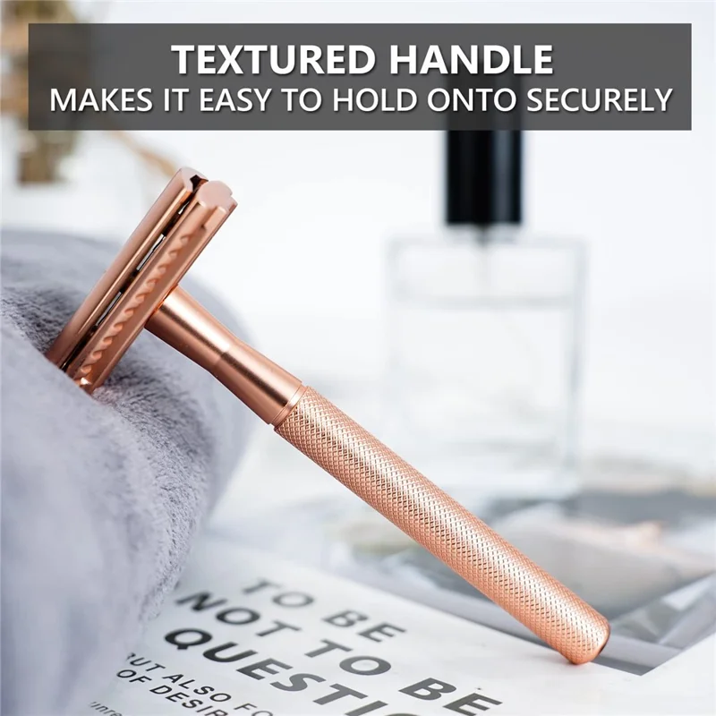 Rasoir manuel vintage pour homme, rasoir double lame en métal ergonomique avec support et 10 lames de rechange - Or rose