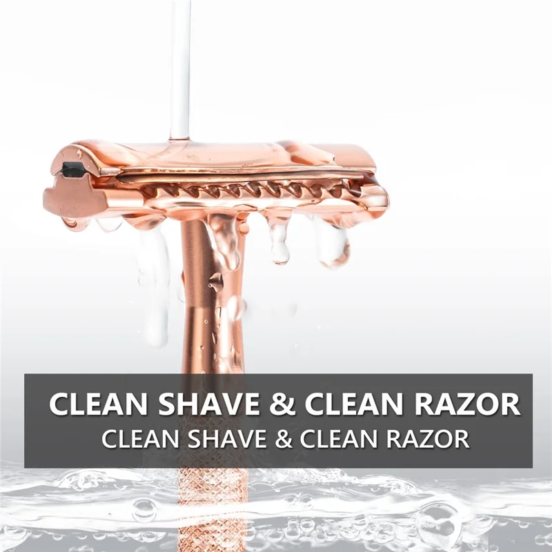 Rasoir manuel vintage pour homme, rasoir double lame en métal ergonomique avec support et 10 lames de rechange - Or rose