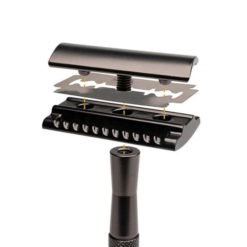 Rasoir manuel vintage pour homme, rasoir double lame en métal ergonomique avec support et 10 lames de rechange - Or rose