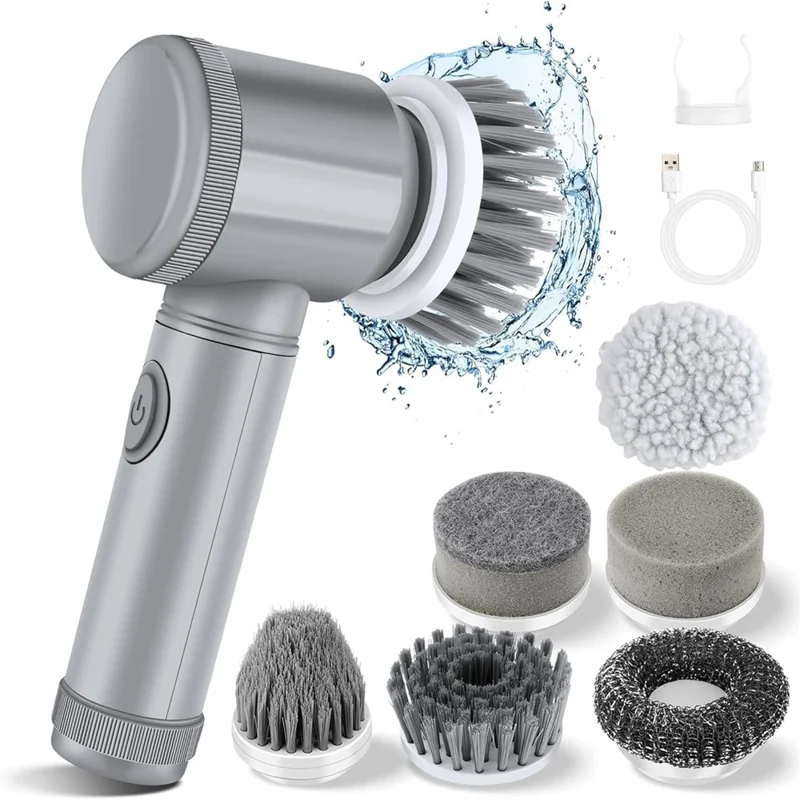 Electric Rotating Cleaning Brush Kitchen Bathroom Multi-Function Cleaner with 6 Replacement Brush Heads - Grey