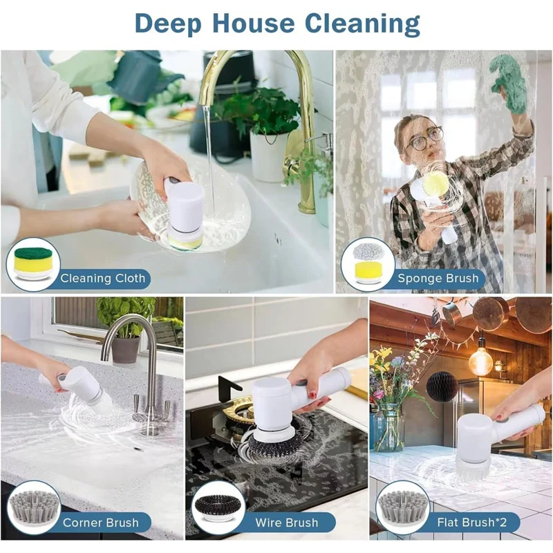 Electric Rotating Cleaning Brush Kitchen Bathroom Multi-Function Cleaner with 6 Replacement Brush Heads - Grey