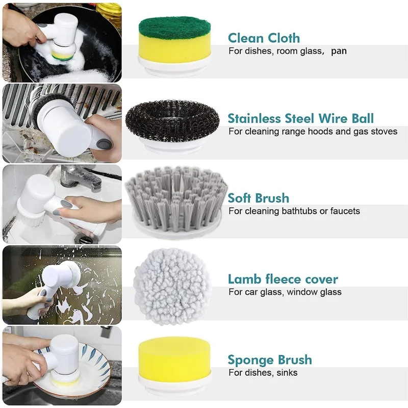 Electric Rotating Cleaning Brush Kitchen Bathroom Multi-Function Cleaner with 6 Replacement Brush Heads - Grey