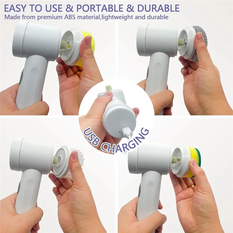 Electric Rotating Cleaning Brush Kitchen Bathroom Multi-Function Cleaner with 6 Replacement Brush Heads - Grey