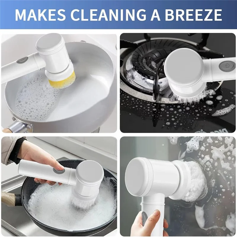 Electric Rotating Cleaning Brush Kitchen Bathroom Multi-Function Cleaner with 6 Replacement Brush Heads - Grey