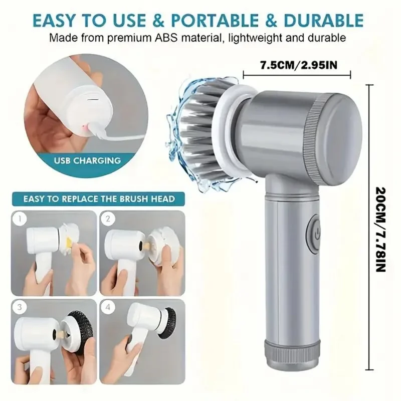 Electric Rotating Cleaning Brush Kitchen Bathroom Multi-Function Cleaner with 6 Replacement Brush Heads - Grey
