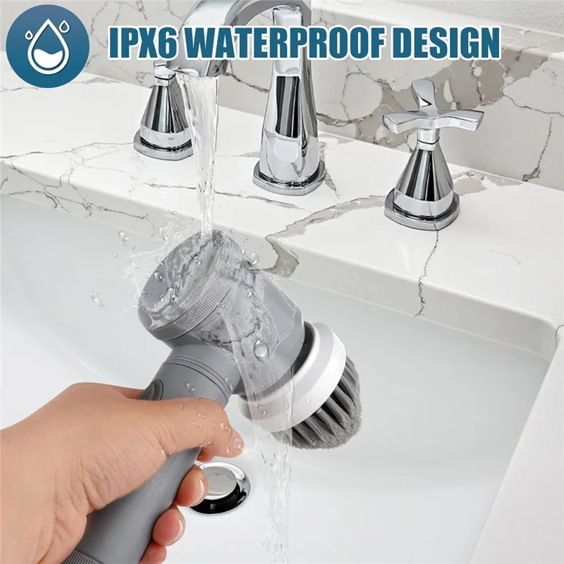 Electric Rotating Cleaning Brush Kitchen Bathroom Multi-Function Cleaner with 6 Replacement Brush Heads - Grey