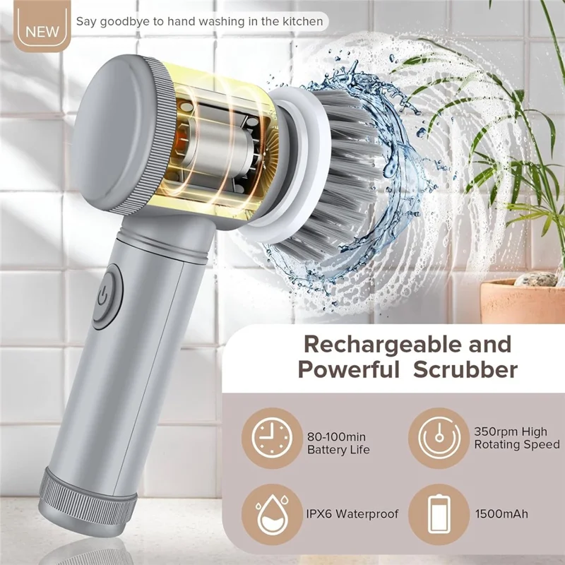 Electric Rotating Cleaning Brush Kitchen Bathroom Multi-Function Cleaner with 6 Replacement Brush Heads - Grey