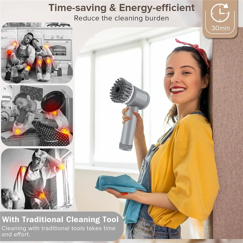 Electric Rotating Cleaning Brush Kitchen Bathroom Multi-Function Cleaner with 6 Replacement Brush Heads - Grey