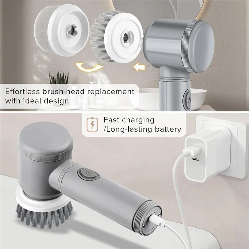 Electric Rotating Cleaning Brush Kitchen Bathroom Multi-Function Cleaner with 6 Replacement Brush Heads - Grey