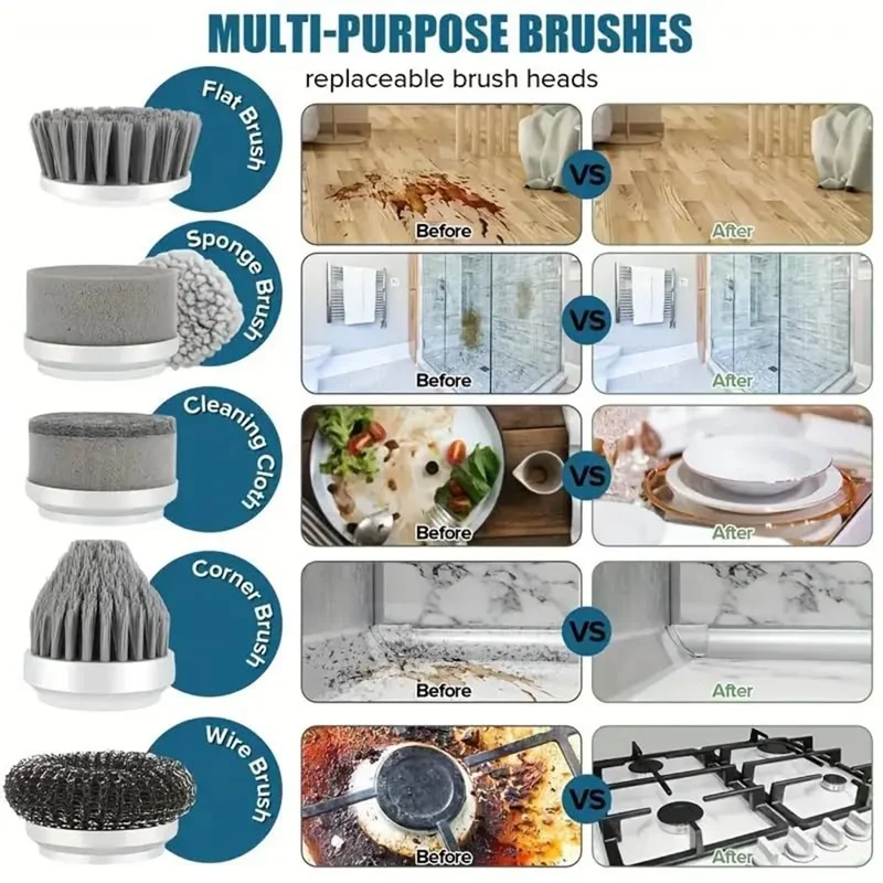 Electric Rotating Cleaning Brush Kitchen Bathroom Multi-Function Cleaner with 6 Replacement Brush Heads - Grey