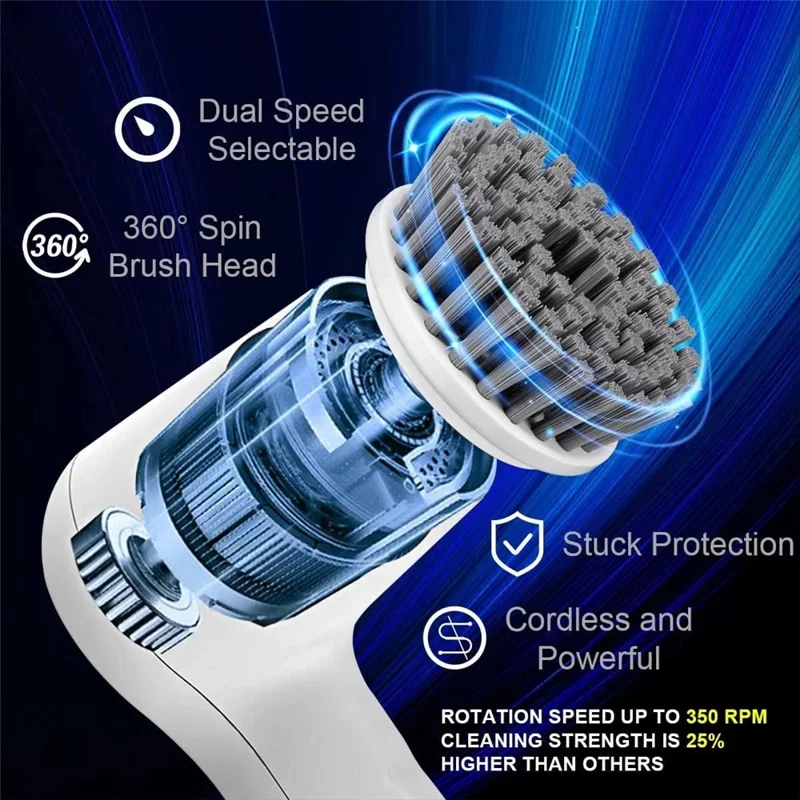 Electric Rotating Cleaning Brush Kitchen Bathroom Multi-Function Cleaner with 6 Replacement Brush Heads - Grey