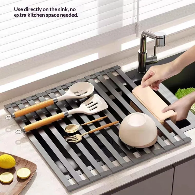 Estante plegable para secar platos encima del fregadero 38 x 34,5 cm, estante escurridor de aluminio con estera enrollable, organizador de cocina - Gris