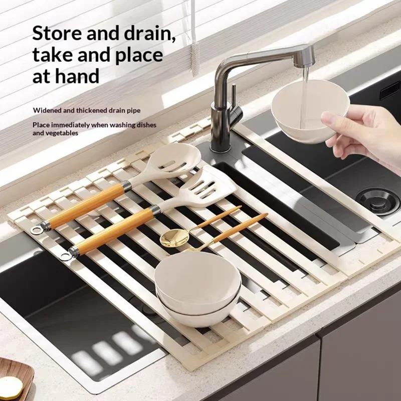 Estante plegable para secar platos encima del fregadero 38 x 34,5 cm, estante escurridor de aluminio con estera enrollable, organizador de cocina - Gris