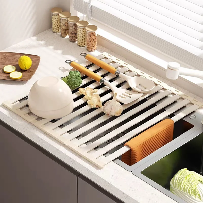Estante plegable para secar platos encima del fregadero 38 x 34,5 cm, estante escurridor de aluminio con estera enrollable, organizador de cocina - Gris