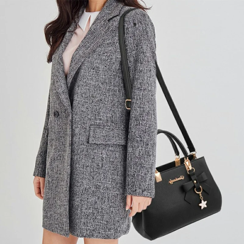 Crossbody Handbag with Bow Ornament, Tote Shoulder Bag Versatile Large Capacity Purse for Women - Black