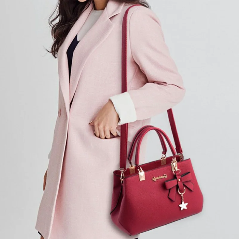 Crossbody Handbag with Bow Ornament, Tote Shoulder Bag Versatile Large Capacity Purse for Women - Rose