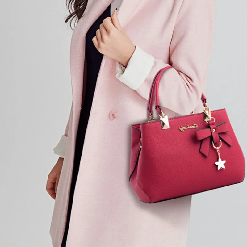 Crossbody Handbag with Bow Ornament, Tote Shoulder Bag Versatile Large Capacity Purse for Women - Rose