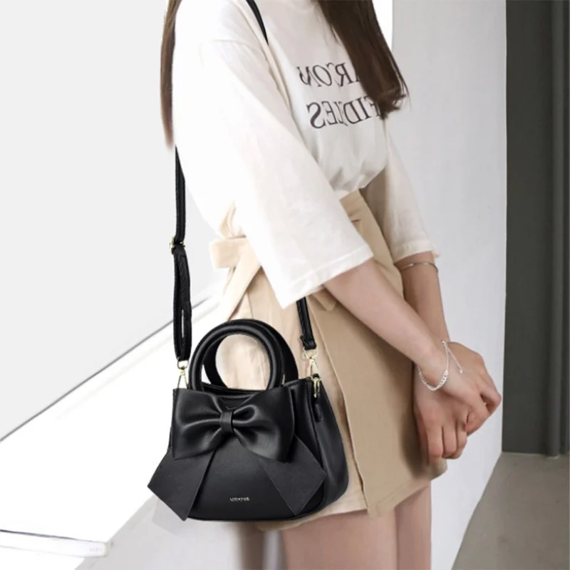 Handbag Tote with Bow Decoration, Portable Shoulder Crossbody Bag for Women - Black
