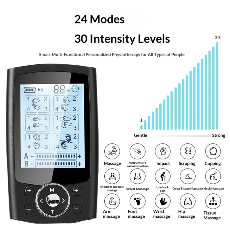 FM-B2404 Stimolatore Muscolare EMS TENS 24 Modalità Massaggiatore Elettrico per Agopuntura e Dimagrimento Elettrostimolatore