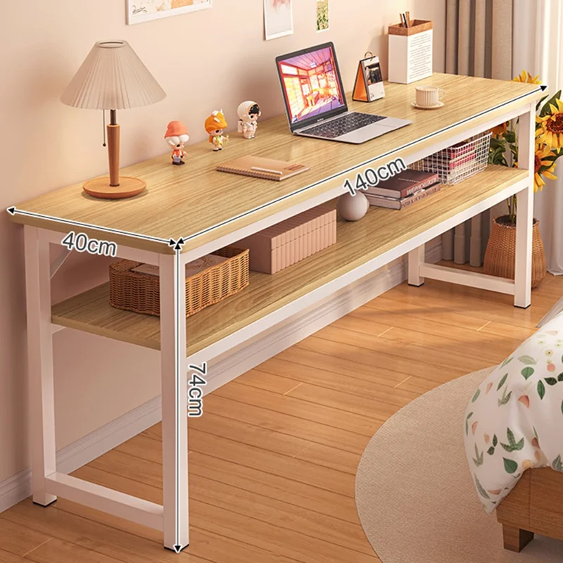 140 x 40cm Double Layer Narrow Desk with Storage Shelf, Modern Home Office Writing Table, Simple Bedroom Study Workstation - Burlywood
