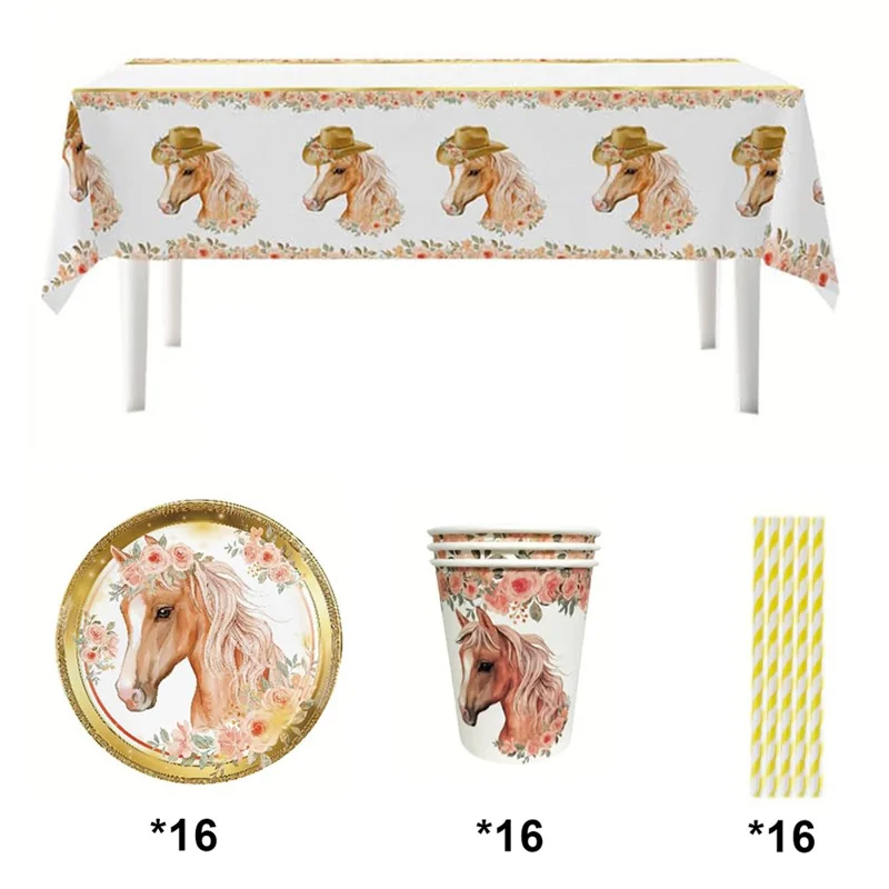 49Pcs Horse Theme Birthday Party Decorations Tableware Set with 16 Paper Plates, 16 Cups, 1 Tablecloth, 16 Straws for Celebration (No FDA)