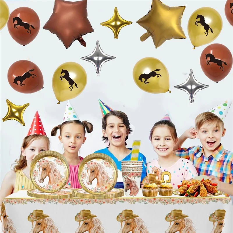 49Pcs Horse Theme Birthday Party Decorations Tableware Set with 16 Paper Plates, 16 Cups, 1 Tablecloth, 16 Straws for Celebration (No FDA)