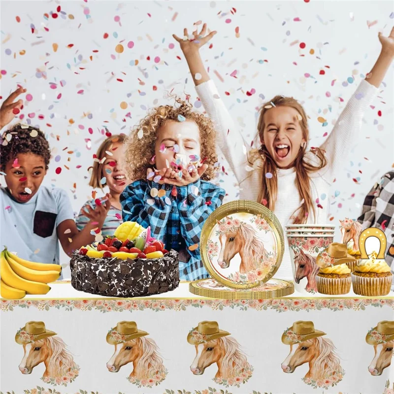 49Pcs Horse Theme Birthday Party Decorations Tableware Set with 16 Paper Plates, 16 Cups, 1 Tablecloth, 16 Straws for Celebration (No FDA)