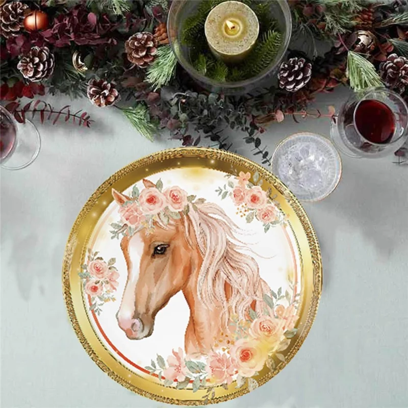 49Pcs Horse Theme Birthday Party Decorations Tableware Set with 16 Paper Plates, 16 Cups, 1 Tablecloth, 16 Straws for Celebration (No FDA)