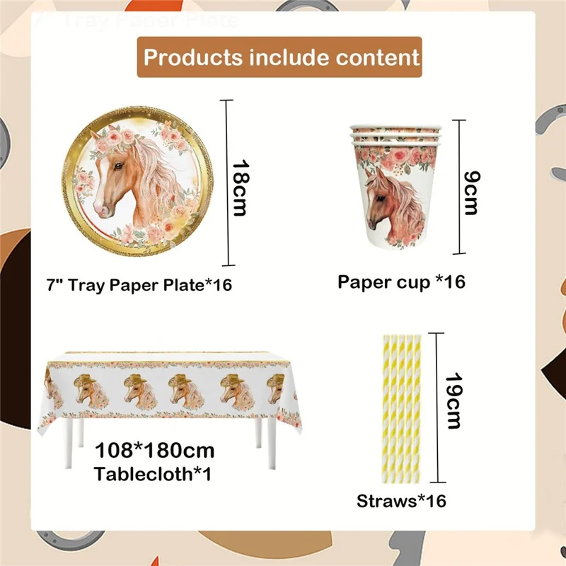 49Pcs Horse Theme Birthday Party Decorations Tableware Set with 16 Paper Plates, 16 Cups, 1 Tablecloth, 16 Straws for Celebration (No FDA)
