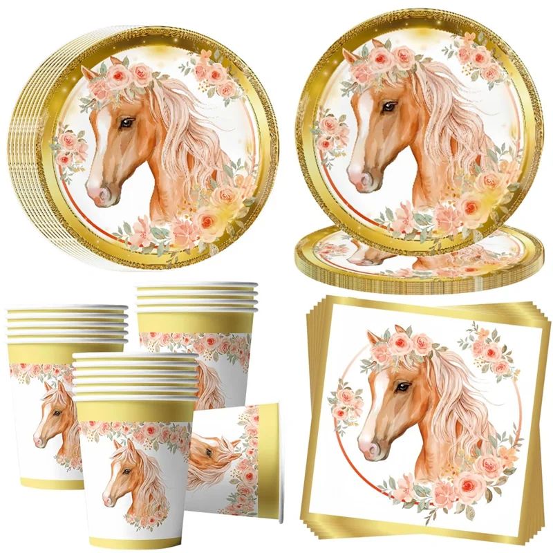 52Pcs Horse Theme Birthday Party Decorations Tableware Set with 16 Paper Plates, 16 Cups, 20 Napkins, for Celebration (No FDA)