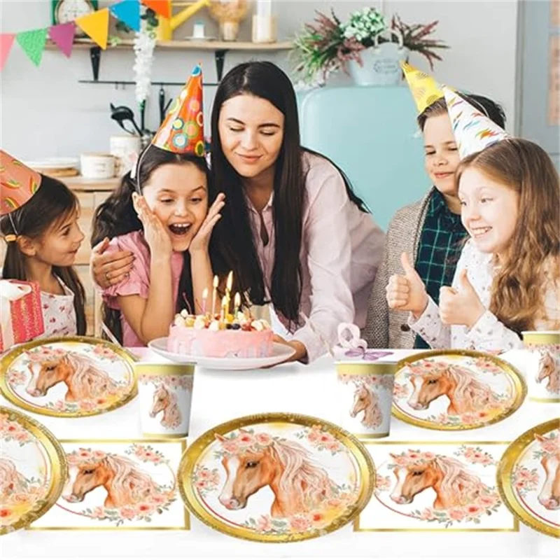 52Pcs Horse Theme Birthday Party Decorations Tableware Set with 16 Paper Plates, 16 Cups, 20 Napkins, for Celebration (No FDA)