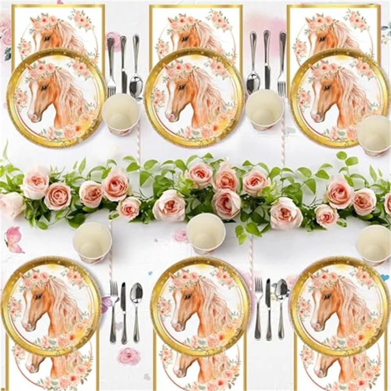 52Pcs Horse Theme Birthday Party Decorations Tableware Set with 16 Paper Plates, 16 Cups, 20 Napkins, for Celebration (No FDA)
